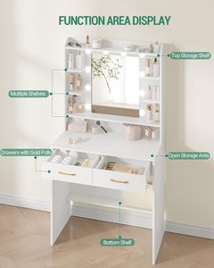 Table de maquillage avec <span class=keywords><strong>miroir</strong></span> et éclairage <span class=keywords><strong>LED</strong></span>, bureau de toilette à luminosité réglable, table de toilette avec étagères et 2 tiroirs - Product Image 3