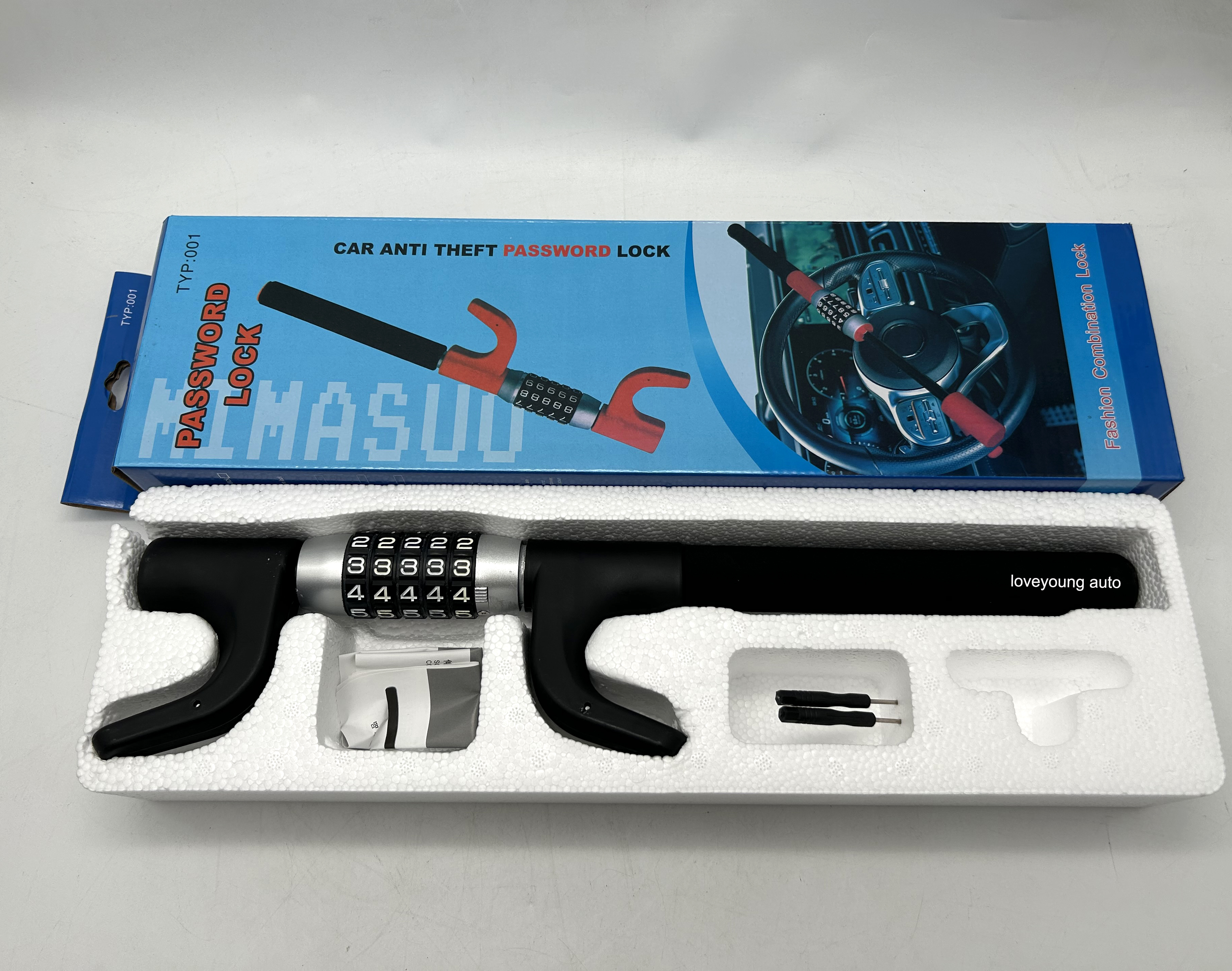 Loveyoung Universal 5-Digit Password Car Steering Wheel Lock Anti-Theft Security Device - Black