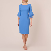 Robe de soirée élégante pour femme, coupe ajustée, longueur genou, en crêpe, col rond, manches évasées superposées, idéale pour cocktail et occasions formelles