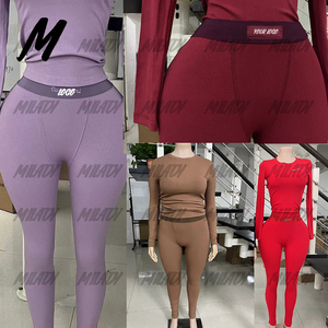 Benutzer definiertes Logo Großhandel gerippte Baumwolle 2 Stück Strick-Set Frauen Full Winter Frau Shirts und Leggings Outfit Lounge wear Set - Product Image 3