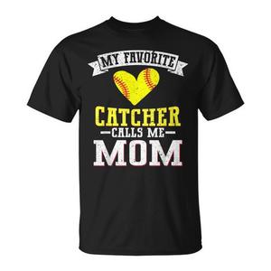 T-shirt de softball à col rond et manches courtes pour femme adulte, avec inscription « My Favorite Catcher Calls Me Mom », pour le sport et les jeux - Product Image 1