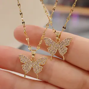 Edelstahl Bling Bling Cz Zirkon Kristall Schmetterling Kette Halskette Diamant 18 Karat Gold Schmetterling Halskette für Frauen
