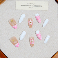 Lot de 30 faux ongles en acrylique, forme amande, rose français, avec fleurs 3D, étoiles de mer, coquillages et perles, kit complet pour pose à pression, vente en gros, pour nail art