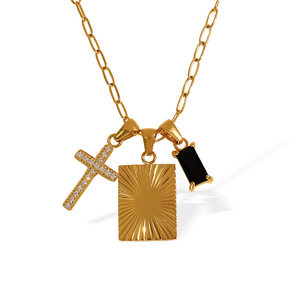Collier en acier inoxydable à la mode européenne américaine avec pendentif carré en pierre unique <span class=keywords><strong>Combinaison</strong></span> <span class=keywords><strong>de</strong></span> croix en zircon noir - Product Image 5
