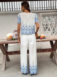 Ensemble chemise et jupe pour femmes, style décontracté d'été, chic et élégant, couleur unie blanche, deux pièces, 100% coton - Product Image 2