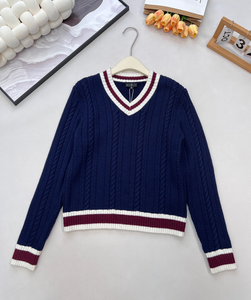 Elegant Womens Cable Knit V Neck Sweater Contrast Ribbed Trim Long Sleeve Casual <b>Preppy</b> Style Pullover <b>Top</b> - Product Image 1