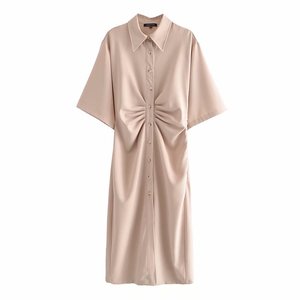 Donne Elegante di Modo Button-up Drappeggiato <span class=keywords><strong>Midi</strong></span> del Vestito Della <span class=keywords><strong>Camicia</strong></span> Del Manicotto Del Bicchierino Dell'annata Cerniera Laterale Femminili Abiti Vestidos - Product Image 4