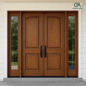 Porte d'entrée double en bois massif GA-53S sur mesure, avec panneau latéral en verre et design incurvé pour maisons. - Product Image 3
