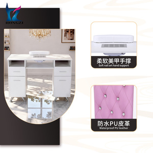 HONGZI Nail Salon <b>Table</b> With Built In Vacuum Soft Hand Support Double Layer Storage Manicure <b>Work</b> Station White Pink - Product Image 1