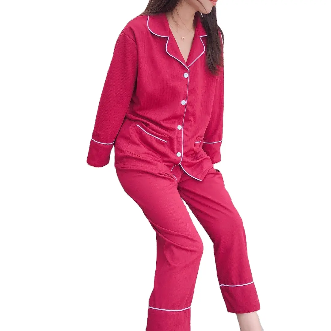 Wholesale Knitted Cotton Pajamas Set Long Sleeve Ladies Pyjamas Plain Women's Sleepwear