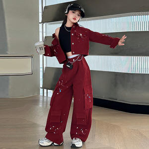 Conjunto de Mezclilla Roja Estilo Coreano para <span class=keywords><strong>Niñas</strong></span> 2025, Traje de Primavera/Otoño para <span class=keywords><strong>Niñas</strong></span>, Diseño Sólido - Product Image 1