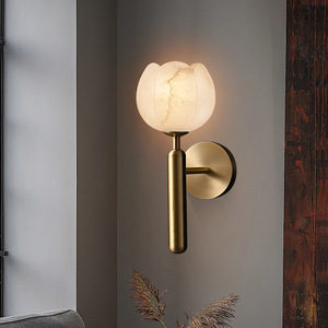 Lámpara de pared de mármol de estilo chino moderno, E27 LED, diseño de capullo de flor de cobre y mármol natural para sala de estar, dormitorio, pasillo - Product Image 2