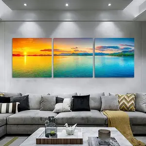 Sunset Ocean Wall Art Grande panorâmica Beach Art Ocean Canvas Wall Art 3 peças de lona pintura decorativa do oceano tropical