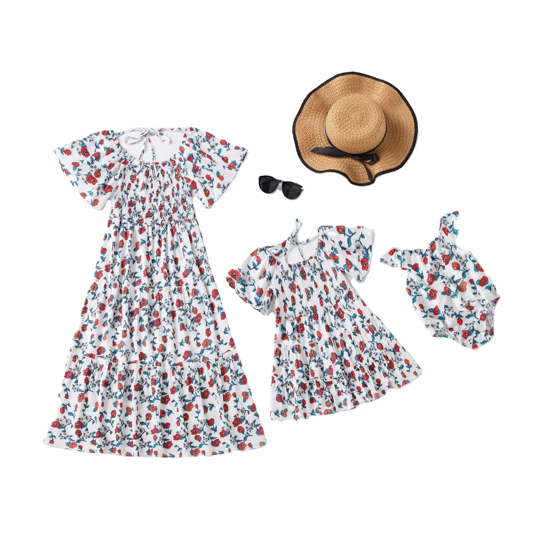 Factory Wholesale Family Outfit Dress 3 Set Floral Print Mother And Daughter Party Swing Dresses For Women And Girl
