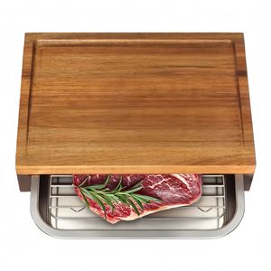 Tagliere in Legno di Acacia con Vassoio Raccogli Residui in Acciaio Inossidabile, Robusto Blocco di Legno per Tagliare Verdure e Formaggi - Product Image 1