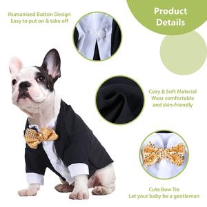 Tenue de smoking élégante et luxueuse pour chien - Ensemble de mariage respirant en polyester pour chiens de petite à moyenne taille avec nœud papillon doré - Product Image 3