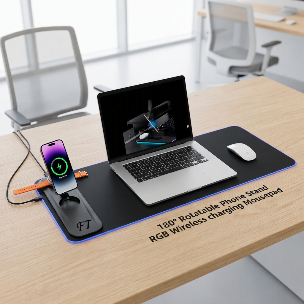Newest 3-in-1 RGB <strong>Wireless</strong> <strong>Charging</strong> Mouse Pad 180 Rotatable Phone Stand Customized Non-slip15W Fast <strong>Charging</strong> Gaming <strong>Desk</strong> <strong>Mat</strong> CE