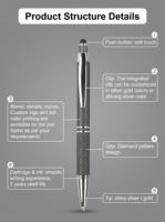 Stylo bille 2-en-1 avec corps en aluminium laqué mat, clip chromé brillant, pointe personnalisable, gravure laser du logo, OEM, 1,0 mm