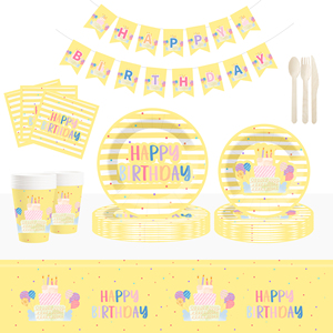 DAMAI Fournitures pour fête d'anniversaire, assiettes jaunes à rayures, serviettes, gobelets, ensemble de couverts pour fête d'anniversaire, pour 8 personnes - Product Image 2