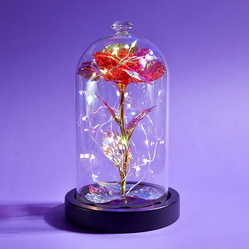 Mothers Day Gift Galaxy Rose Flower 24k Gold Foil Rose Usb Recharge Led Light Rose Flower in Glass Dome with Black Base