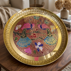 Assiette décorative orientale faite à la main, ronde, en métal, peinte à la main, motif floral d'oiseaux, cadre doré, cadeau artistique - Product Image 2
