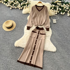 ชุดถักแบบหลวมสำหรับผู้หญิงชุด2ชิ้นกระโปรงกระดุมแถวเดียวคอวี - Product Image 6