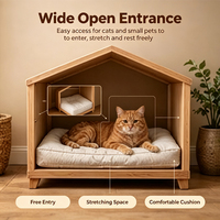Maison pour chat en bois avec entrée large et ouverte, intérieur spacieux, coussin épais, pieds surélevés, utilisations multiples