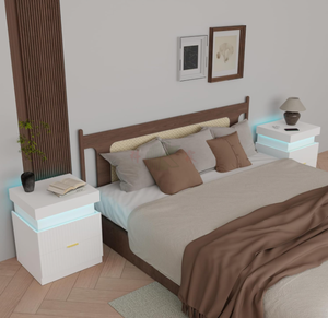 Table de <span class=keywords><strong>chevet</strong></span> en bois blanc avec station de charge et éclairage LED, table de <span class=keywords><strong>chevet</strong></span> moderne à rainures, plateau coulissant et tiroirs - Product Image 4