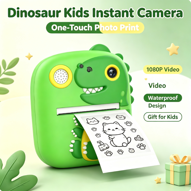 Cartoon Dinosaur Instant Print Camera for Kids Mini Photo Printer 1080P Video 28 Frames 6 Filters Graffiti Thermal Paper Roll