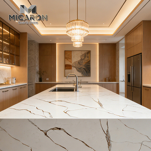 Dalle <span class=keywords><strong>de</strong></span> <span class=keywords><strong>quartz</strong></span> premium Calacatta Gold Vein 3200x1600mm, aspect marbre blanc, pierre technique pour îlot <span class=keywords><strong>de</strong></span> salle <span class=keywords><strong>de</strong></span> bain cascade - Product Image 2