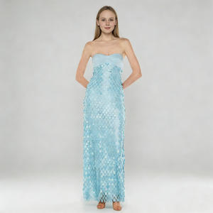 فستان سهرة أنيق مخصص باللون الأزرق السماوي بدون حمالات وطويل حتى الأرض، فستان رسمي للنساء لحفلات الكوكتيل والمناسبات مع ترتر - Product Image 1