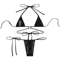 Op maat gemaakte glanzende PU bikini set 2026 verstelbare halter thong badkleding voor carnaval Jouvert feest groothandel MOQ 200 rechtstreeks van de fabriek