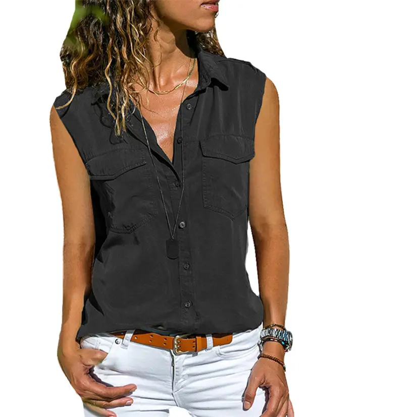 Summer Ladies Cardigan Tops Women's Sleeveless Tank Top Casual Button T Shirt For Women Polo T-Shirt