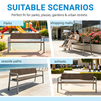 Banc d'extérieur commercial simple avec pieds en aluminium moulé et assise en bois massif pour place publique, parc, quartier commercial et parc d'attractions
