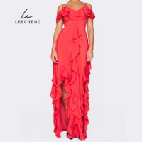 Robe de plage en mousseline de soie rouge rose sur mesure Bretelles à manches courtes en dentelle coupe-taille fente ludique longueur au sol Design taille naturelle