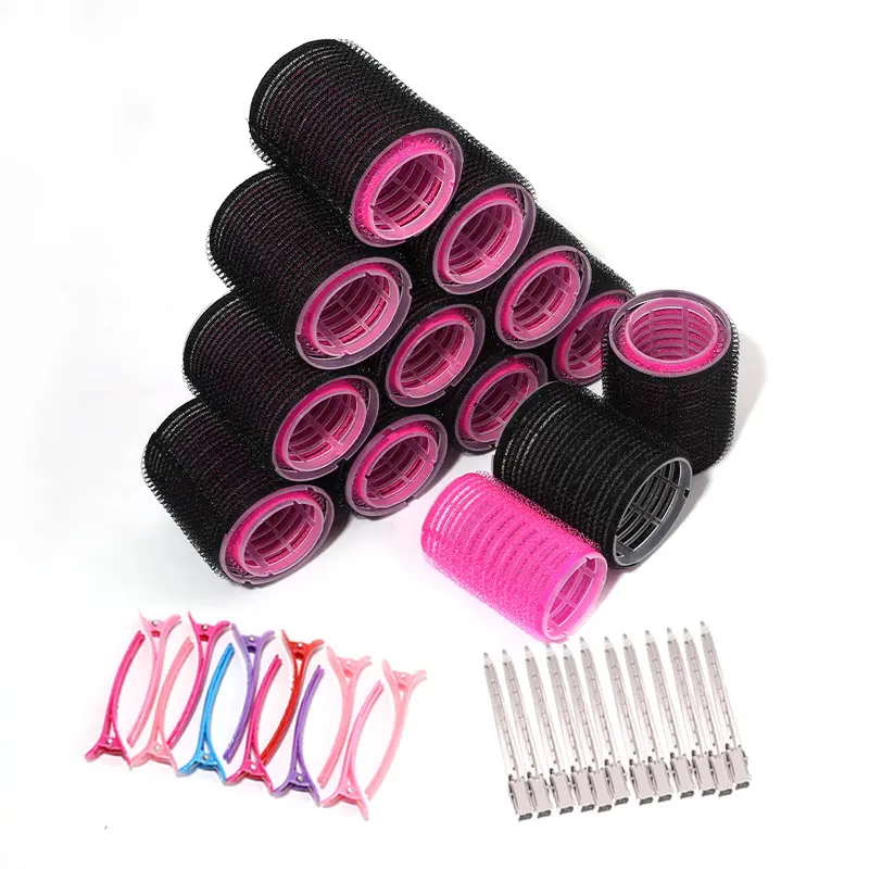 Quick Curler Hair 3 Sizes Spiral Self Grip Hair Rollers Pink Black Heatless Plastic Sticky Jumbo Big Hair Rollers With Clips Set