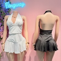 Summer Women's Mini Dress Deep V-neck New Low-cut Halter Sleeveless Ruffled A-line Dress