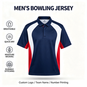 Custom Performance <b>Bowling</b> Polo Jersey Navy Red White Color Block Moisture Wicking Quick Dry Team Shirt for League Competition - Product Image 1