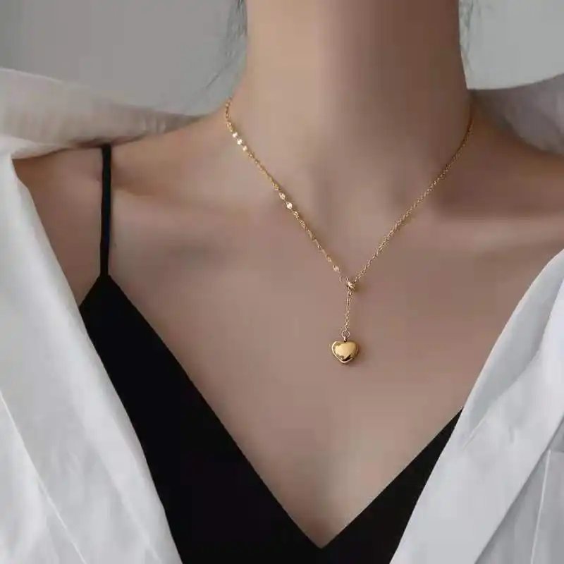 Charm stainless steel choker gold plated double chain adjustable heart pendant necklace