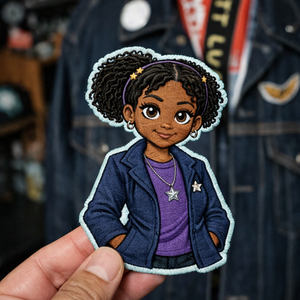 Parche bordado con diseño de dibujos animados, termoadhesivo para ropa, troquelado, con diseño de chica negra, personalizado, bordado al por mayor - Product Image 1