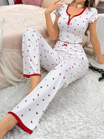 Nouvel ensemble de pyjama côtelé à motif cœur d'été, 2 pièces, décontracté, haut court à manches courtes et pantalon, vêtements d'intérieur pour femmes