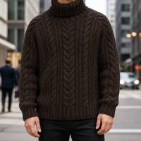 Pull en tricot torsadé Aran de haute qualité pour homme, col roulé, marron, manches longues, bordure côtelée, fabrication OEM ODM