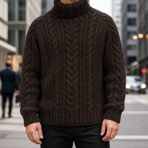 Pull en tricot torsadé Aran de haute qualité pour homme, col roulé, <span class=keywords><strong>marron</strong></span>, manches longues, bordure côtelée, fabrication OEM ODM - Product Image 1