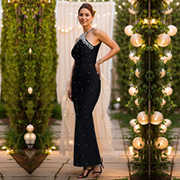 Robe longue sirène pour femme, dos nu, ornée de strass et de perles, sans manches, fendue au dos, moulante, pour soirée formelle, mariage ou invitées