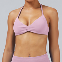 Set Yoga Olahraga Wanita Berkualitas Tinggi 2-Potong Bahan Nylon Spandex Solid Bernapas, Legging dan Bra Grosir