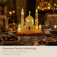 Lampe de table à LED en forme de mosquée avec paillettes dorées, fonctionnant avec des piles AA, avec base en bois massif durable pour la décoration de la maison pendant le Ramadan