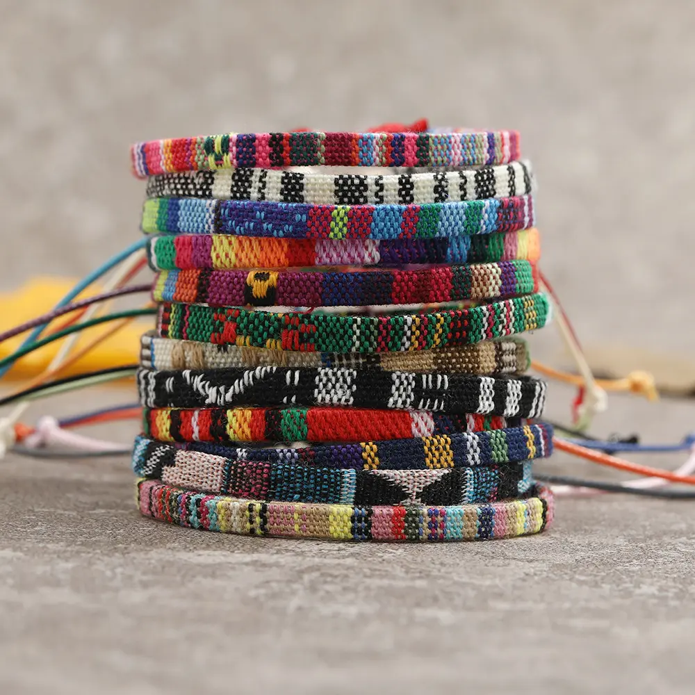 Conjunto de pulsera de algodón trenzado para hombre y mujer, pulseras con cordones de cáñamo, bohemio, étnico, Tribal, de lino, joyería hecha a mano