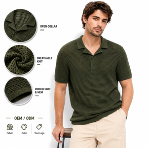 Polo de Punto Transpirable para Hombre, Manga Corta, Color Sólido, Cuello Abierto Informal, Puños Acanalados, Diseño Personalizado ODM - Product Image 1