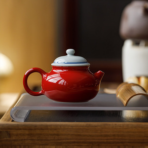 Guanlan Porcelain Teapot Red Glaze Double Lines Round With Lid Large Capacity Kung Fu <b>Tea</b> <b>Set</b> Household Use - Product Image 4