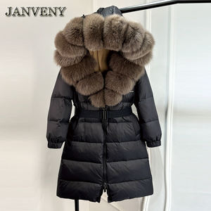 JANVENY Nuovo Parka Piumino <span class=keywords><strong>Lungo</strong></span> da <span class=keywords><strong>Donna</strong></span> Sciolto con Cintura, Caldo e Spesso, Imbottito al 90% in Piuma d'Anatra Bianca Naturale, Giacca Invernale con Grande Collo in Vera Pelliccia di Volpe - Product Image 2